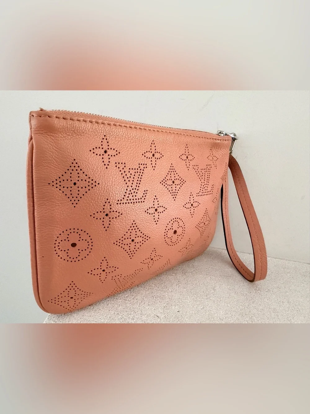 LOUIS VUITTON Mahina Perforated Leather Pochette Wristlet Coral Pink